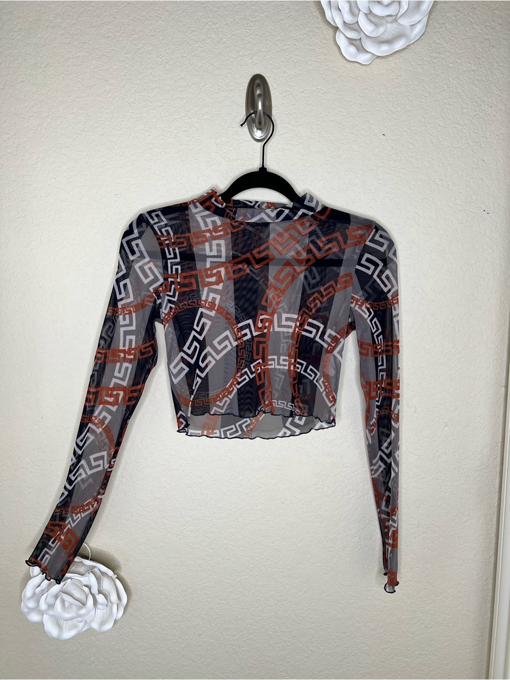 NTM: G Mini USA Sheer Mesh Crop Top M Greek Key Print Y2K Long Sleeve Stretch
